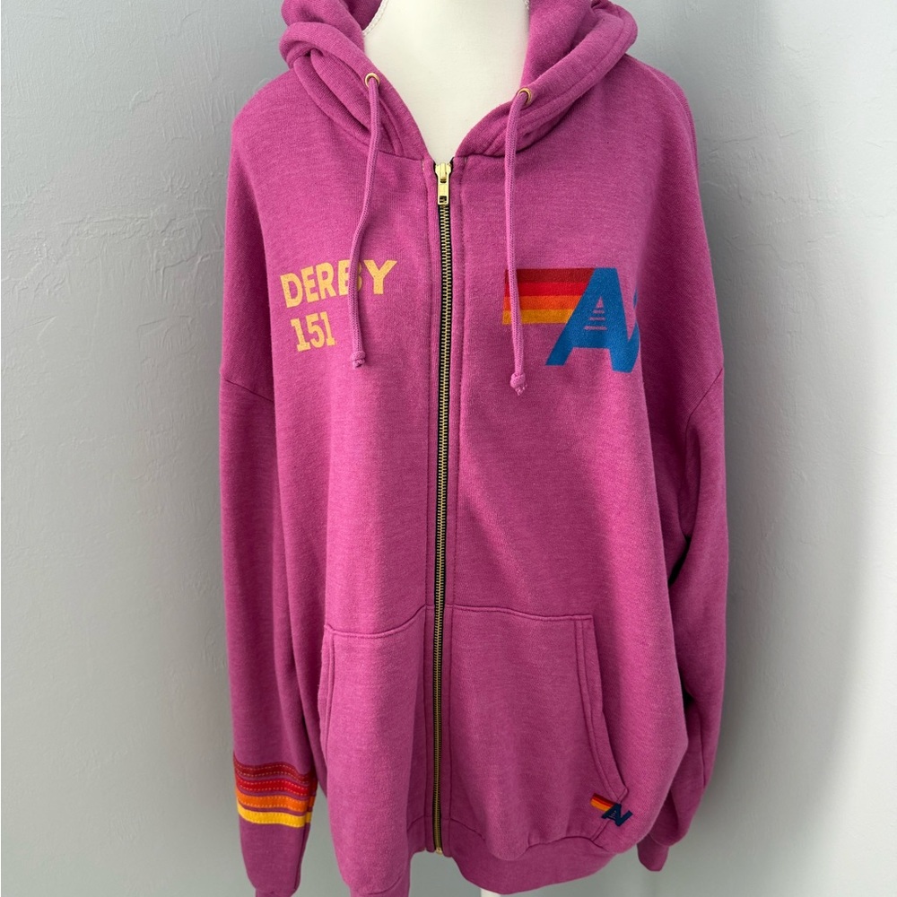 Aviator Nation Magenta Hoodie with Rainbow Stripes
